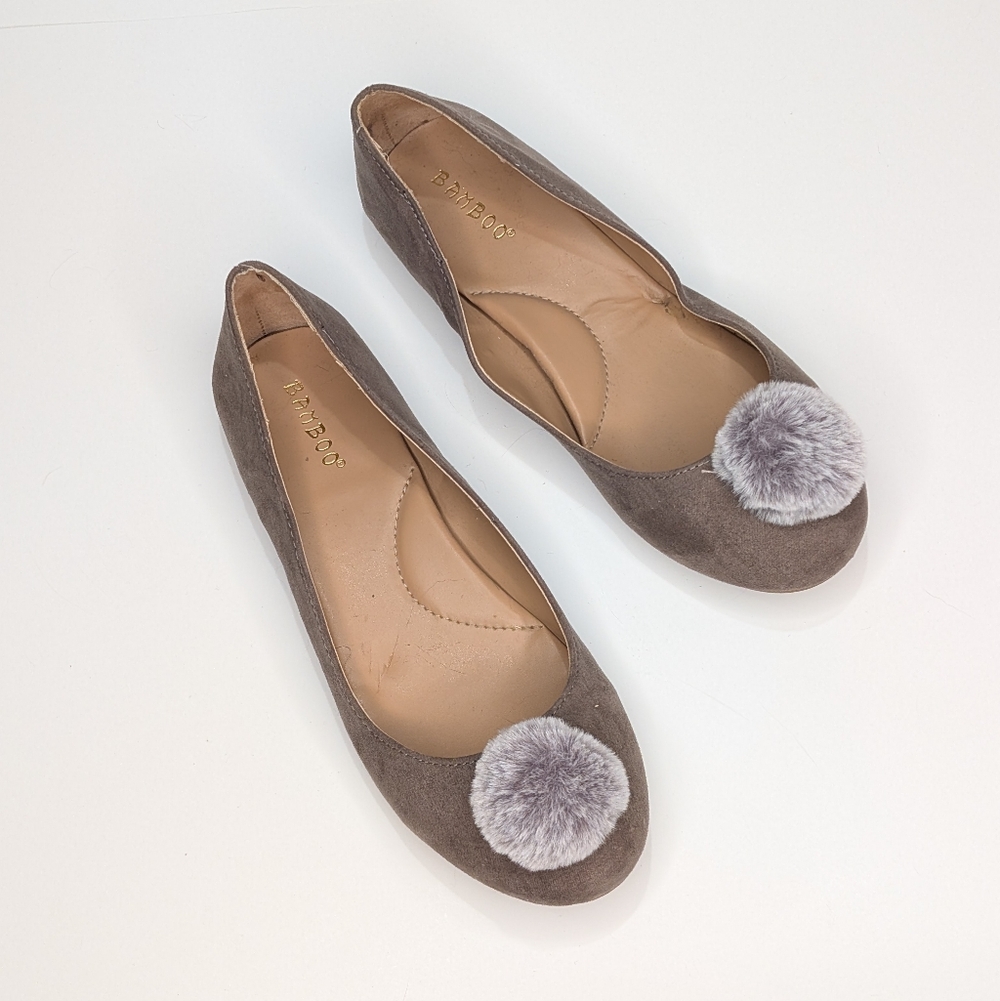 Bamboo Taupe Pom Pom Flats – Faux Suede Ballet Flats – Size 8.5 – Cute